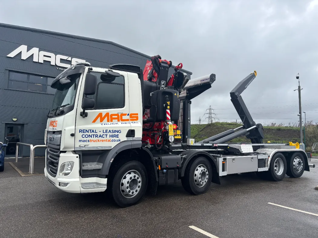DAF CF410 Hookloader 32T with VDL Equipment and fassi crane outside macs truck sales