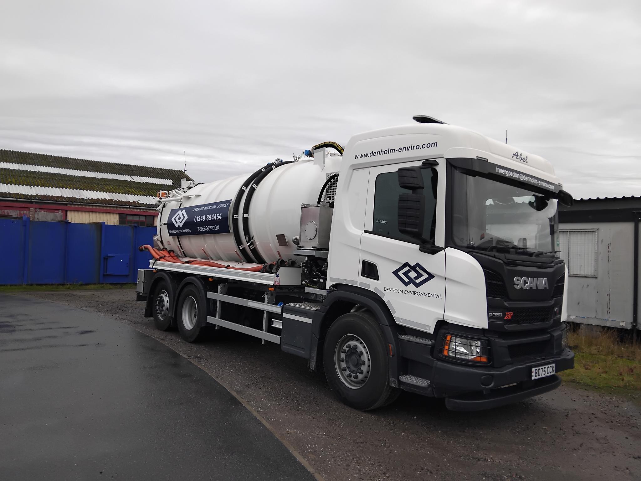 New Scania P360 Whale jet vac tanker stationed on-site at the Denholm Environmental Invergordon depot in the Scottish Highlands.
